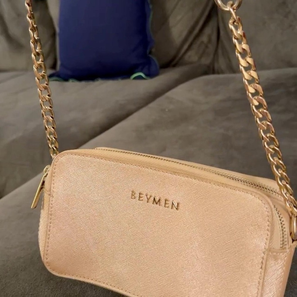 Beymen Champagne Gold Saffiano Leather Crossbody Bag Chain Strap - Picture 10 of 11